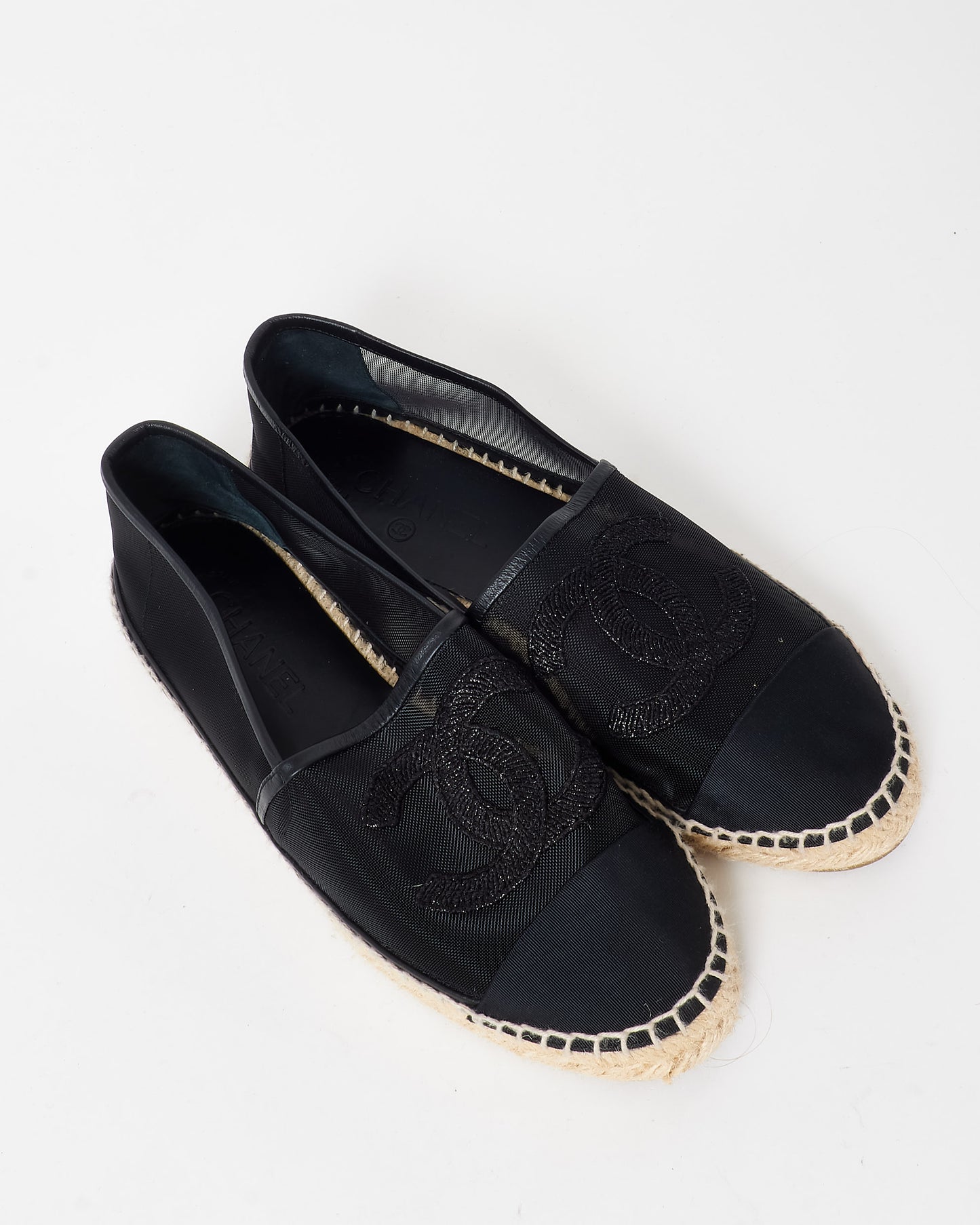 Chanel Black Mesh & Sparkle Logo Espadrilles - 39