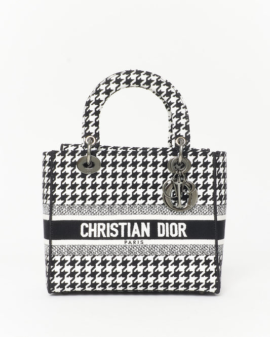 Dior Black & White Houndstooth Embroidered Lady D - Lite Bag