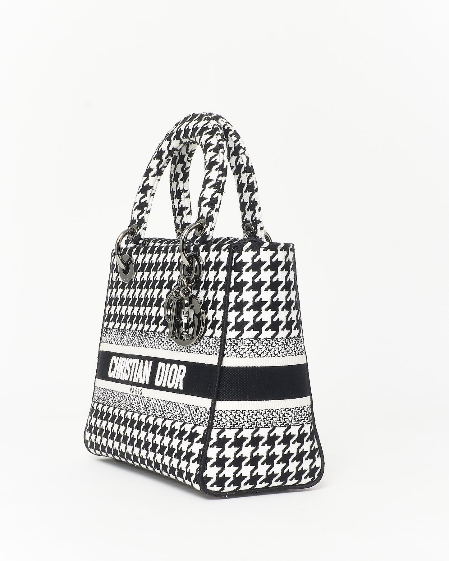 Dior Black & White Houndstooth Embroidered Lady D - Lite Bag