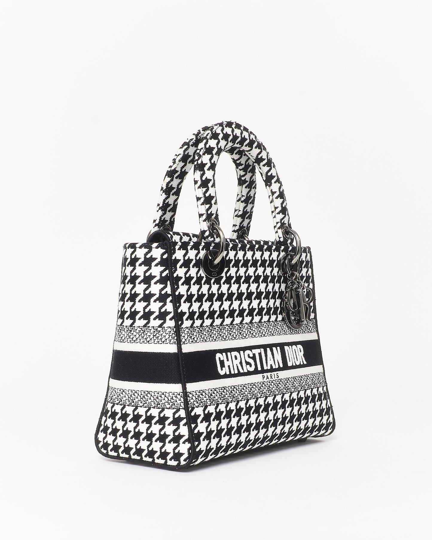 Dior Black & White Houndstooth Embroidered Lady D - Lite Bag