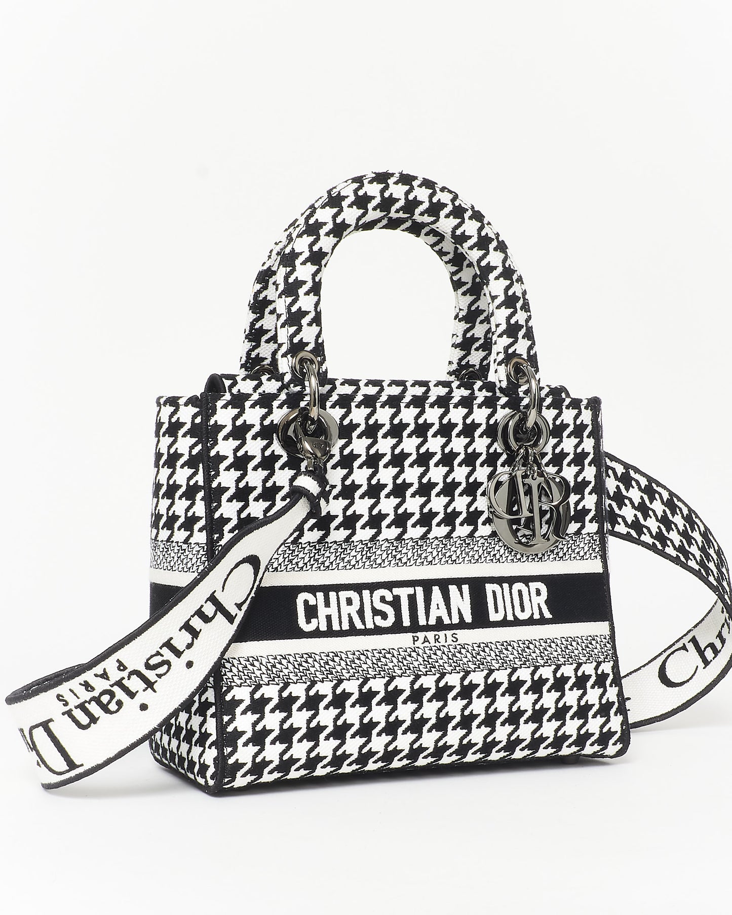 Dior Black & White Houndstooth Embroidered Lady D - Lite Bag