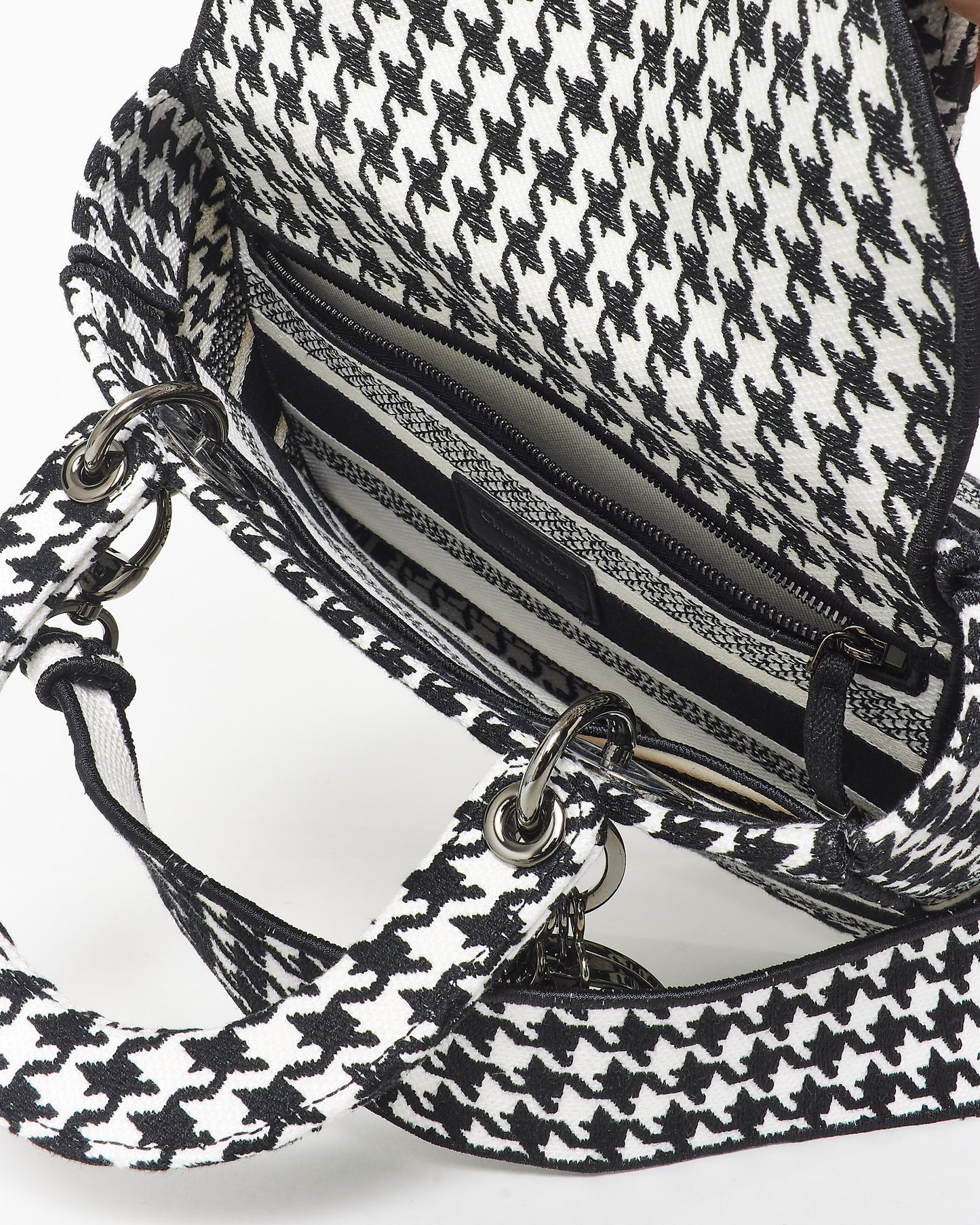 Dior Black & White Houndstooth Embroidered Lady D - Lite Bag