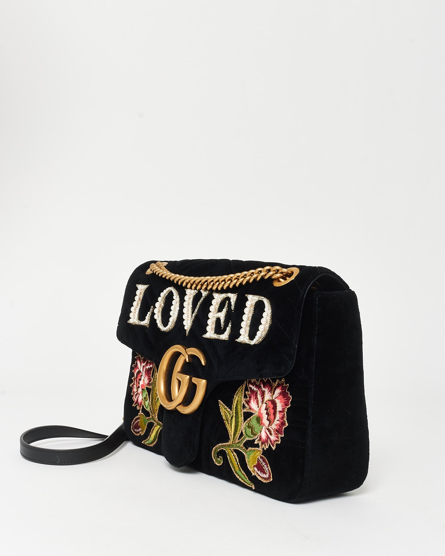 Gucci Black Velvet Marmont Embroidered & Embellished LOVED Bag