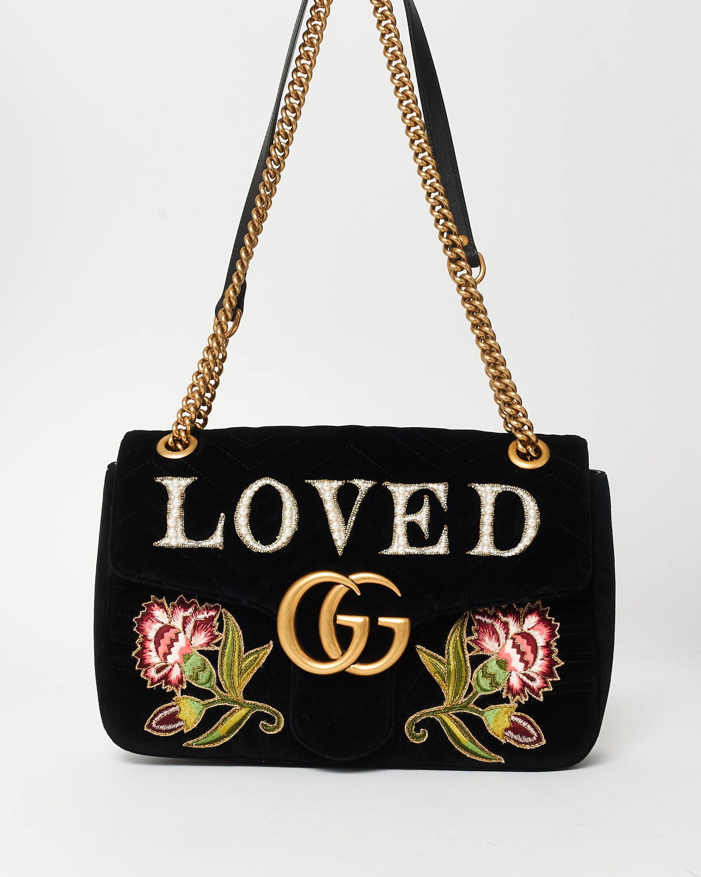 Gucci Black Velvet Marmont Embroidered & Embellished LOVED Bag