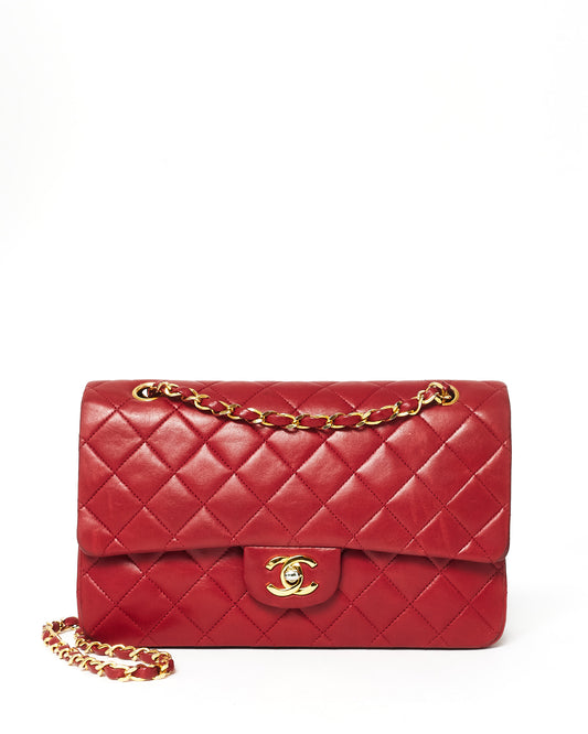 Chanel Vintage Red Lambskin 24K Plated Hardware Medium Classic Double Flap