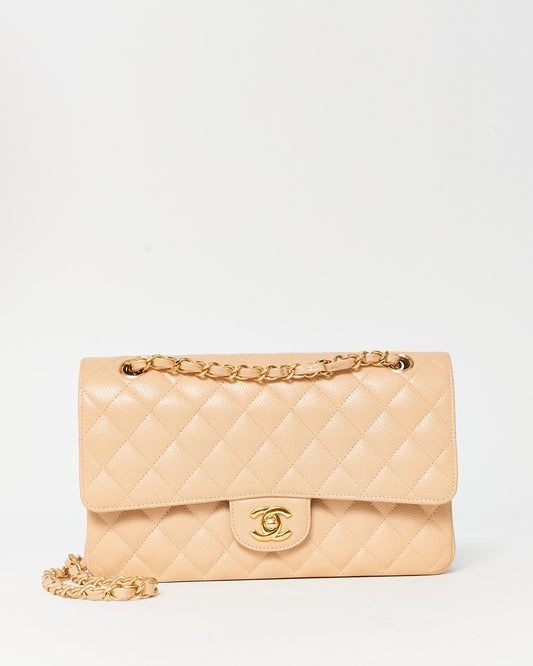 Chanel Beige Claire Caviar Leather Medium Classic Flap GHW