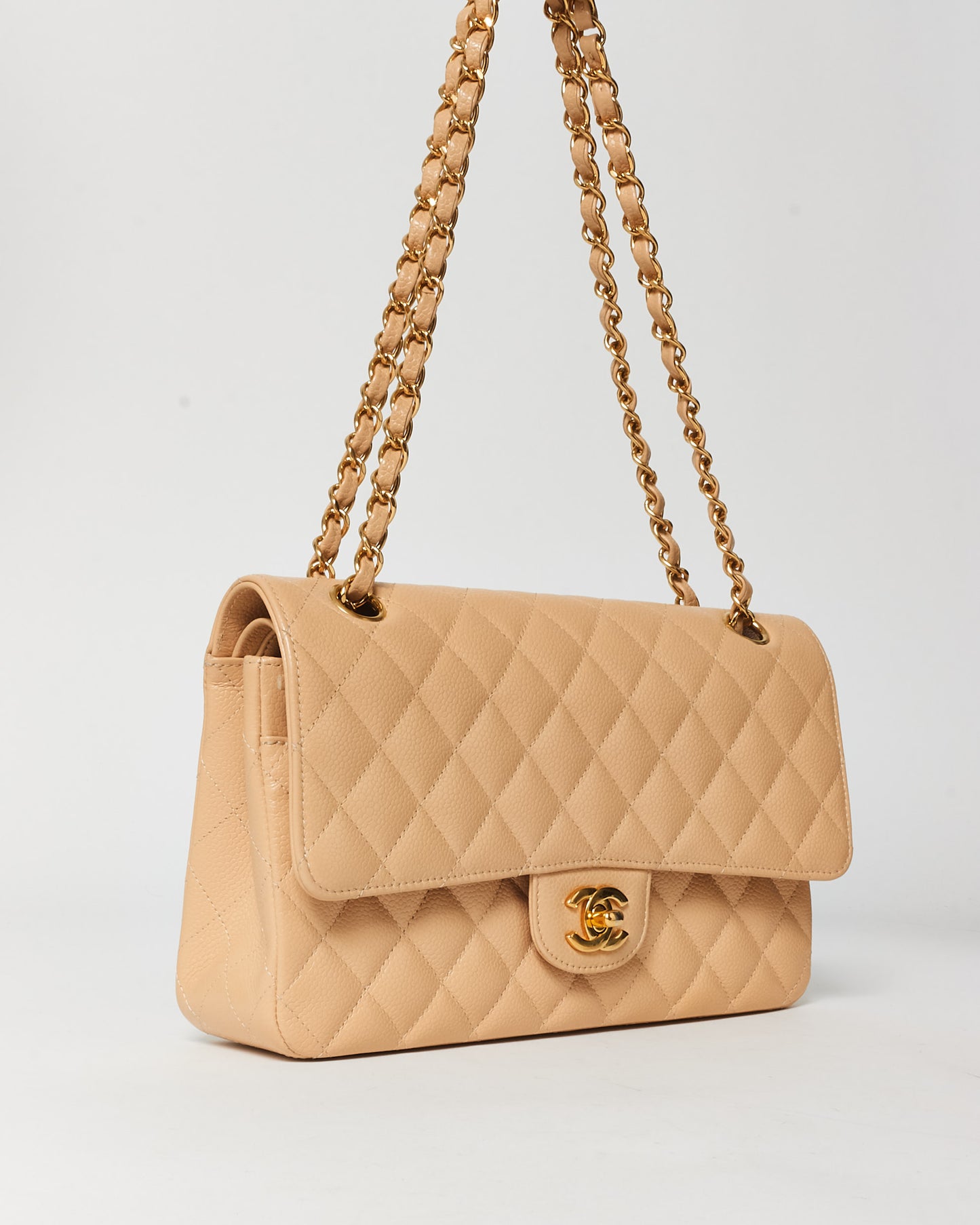 Chanel Beige Claire Caviar Leather Medium Classic Flap GHW