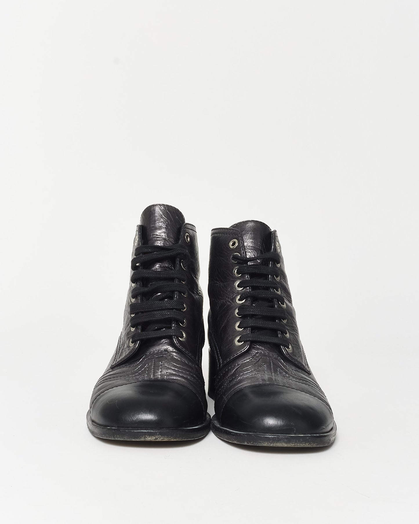 Chanel Gunmetal & Black Leather Logo Mini Combat Boots - 41C