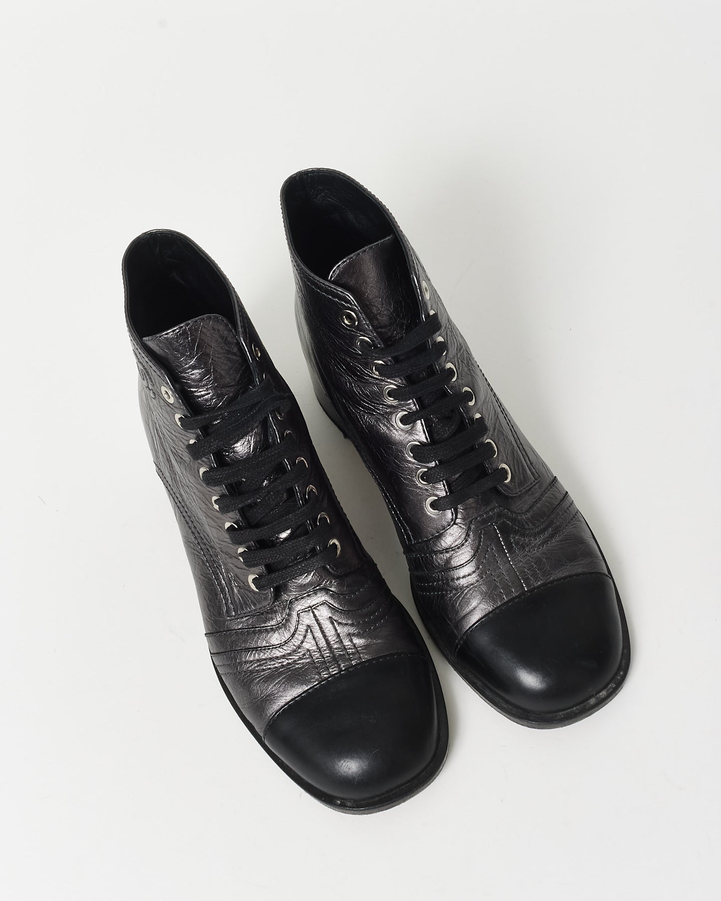 Chanel Gunmetal & Black Leather Logo Mini Combat Boots - 41C