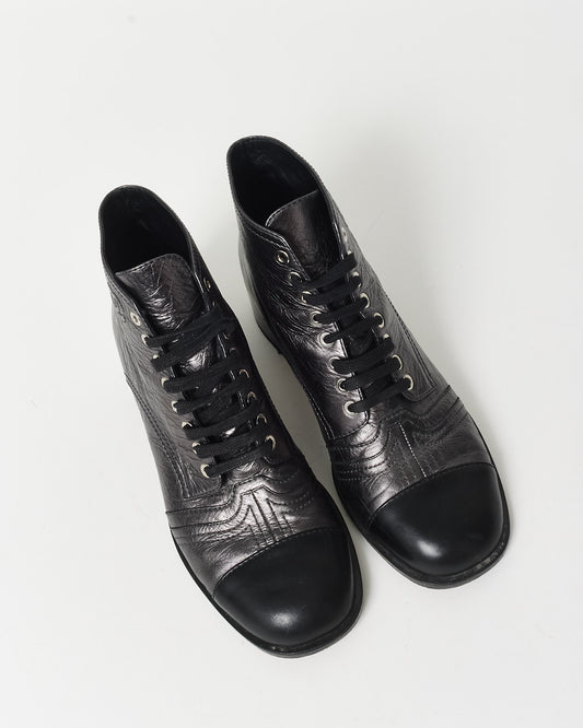 Chanel Gunmetal & Black Leather Logo Mini Combat Boots - 41C