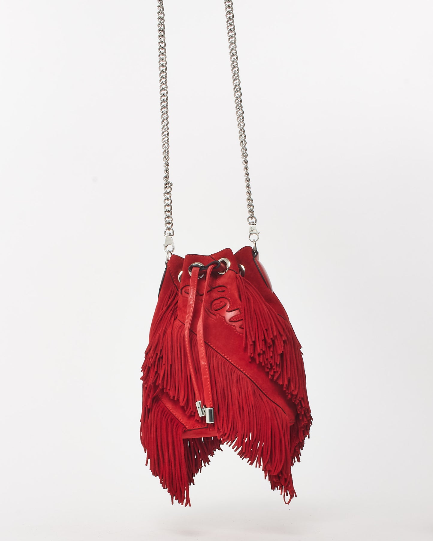 Christian Louboutin Red Suede Marie Jane Fringe Bucket Bag