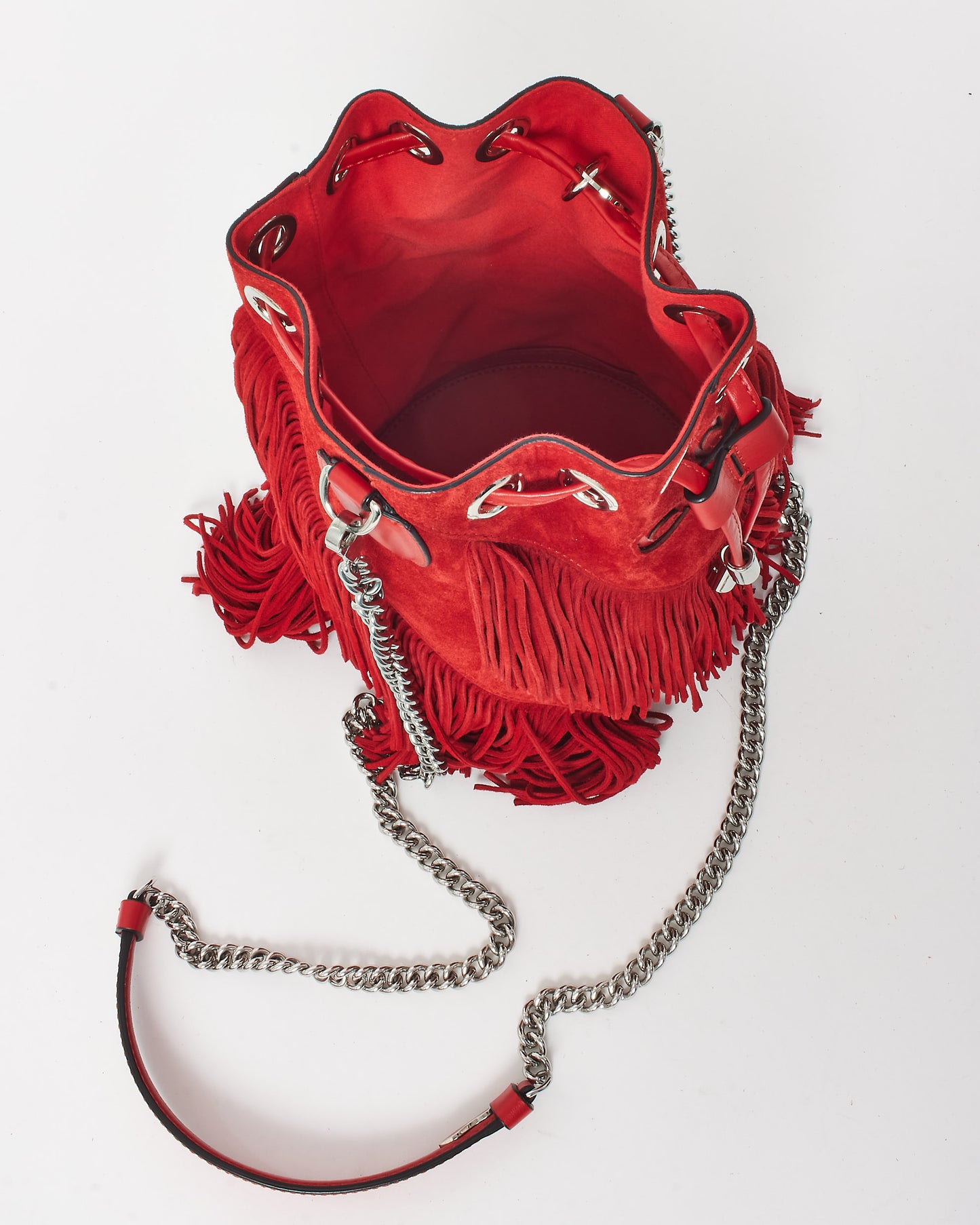 Christian Louboutin Red Suede Marie Jane Fringe Bucket Bag