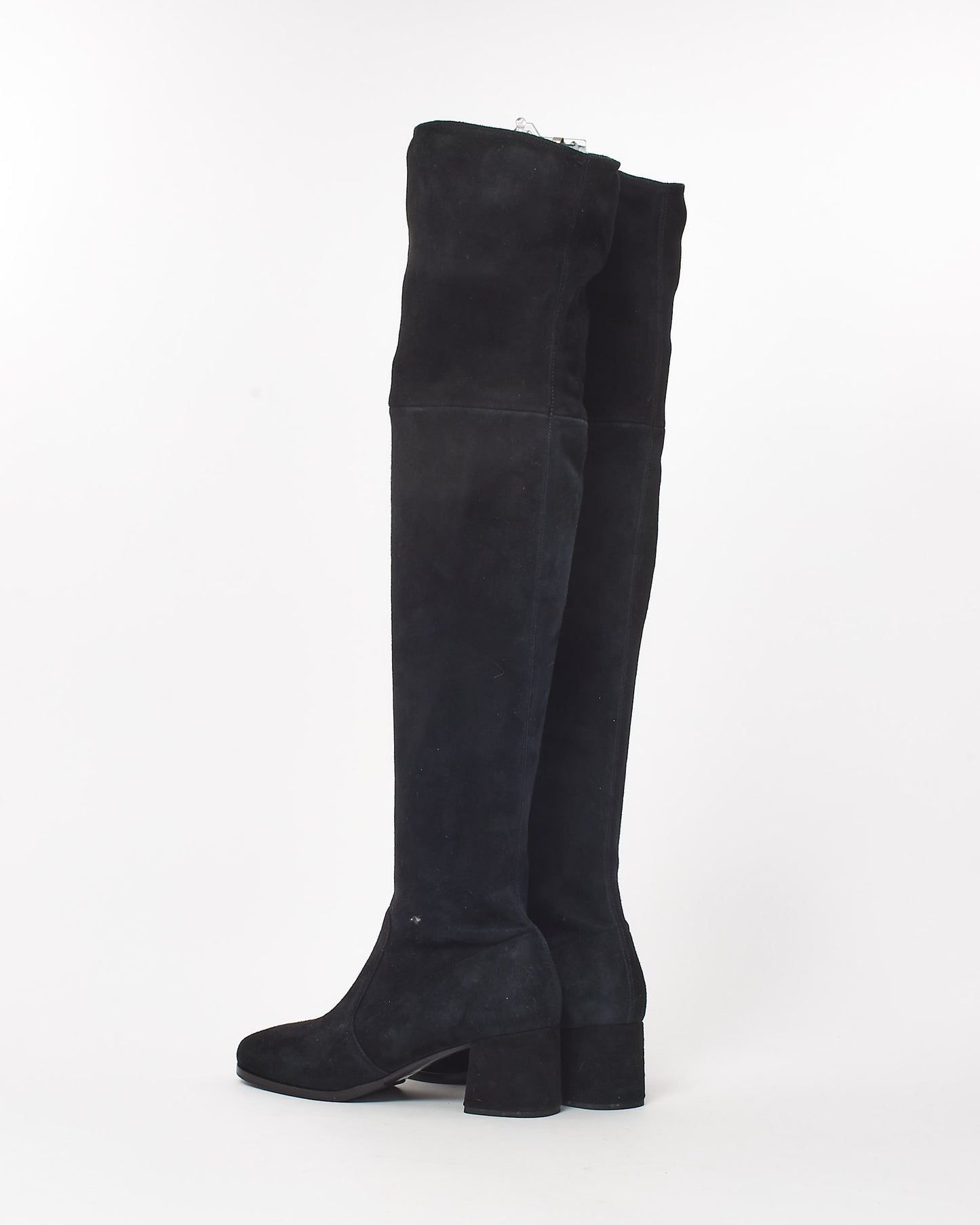 Prada Black Suede Block Heel OTK Boots - 38.5