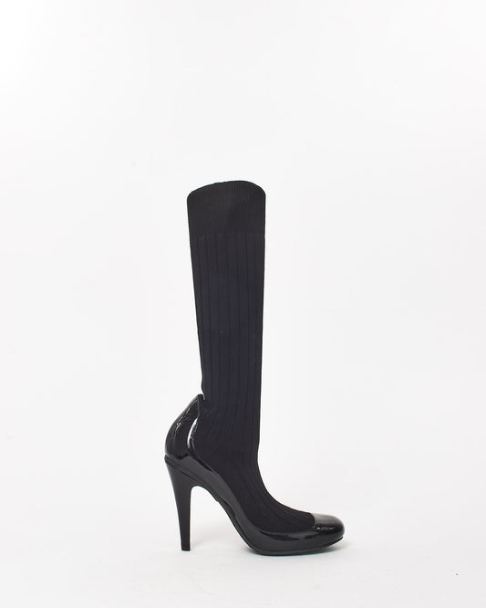 Chanel Black Knit Sock & Patent Leather Stiletto Boots - 35