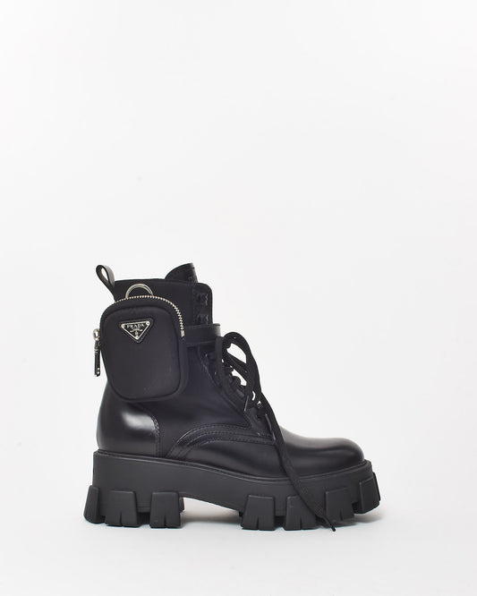 Prada Black Leather & Re Nylon Pouch Combat Boots - 38