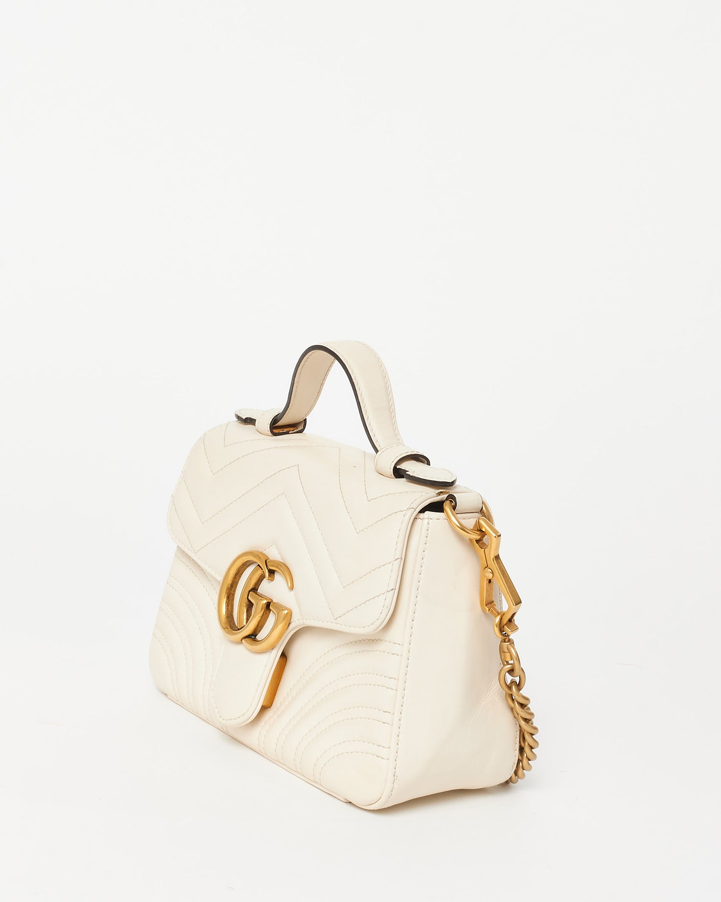 Gucci White Chevron Leather GG Marmont Top Handle Bag