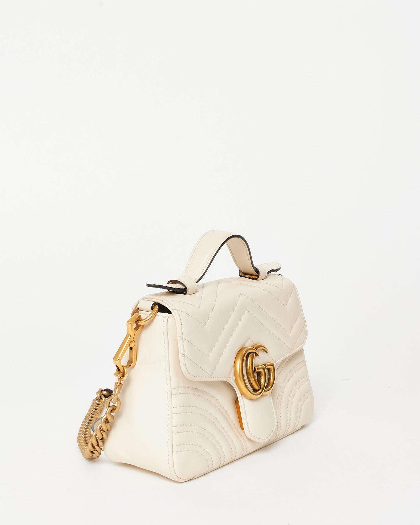 Gucci White Chevron Leather GG Marmont Top Handle Bag