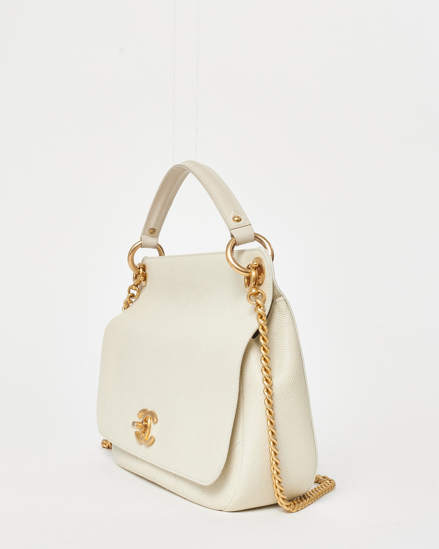 Chanel Cream Caviar Leather CC Lock Top Handle Flap Bag