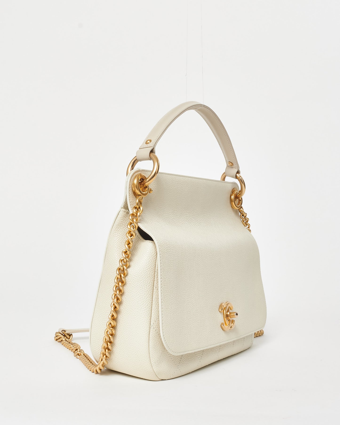 Chanel Cream Caviar Leather CC Lock Top Handle Flap Bag