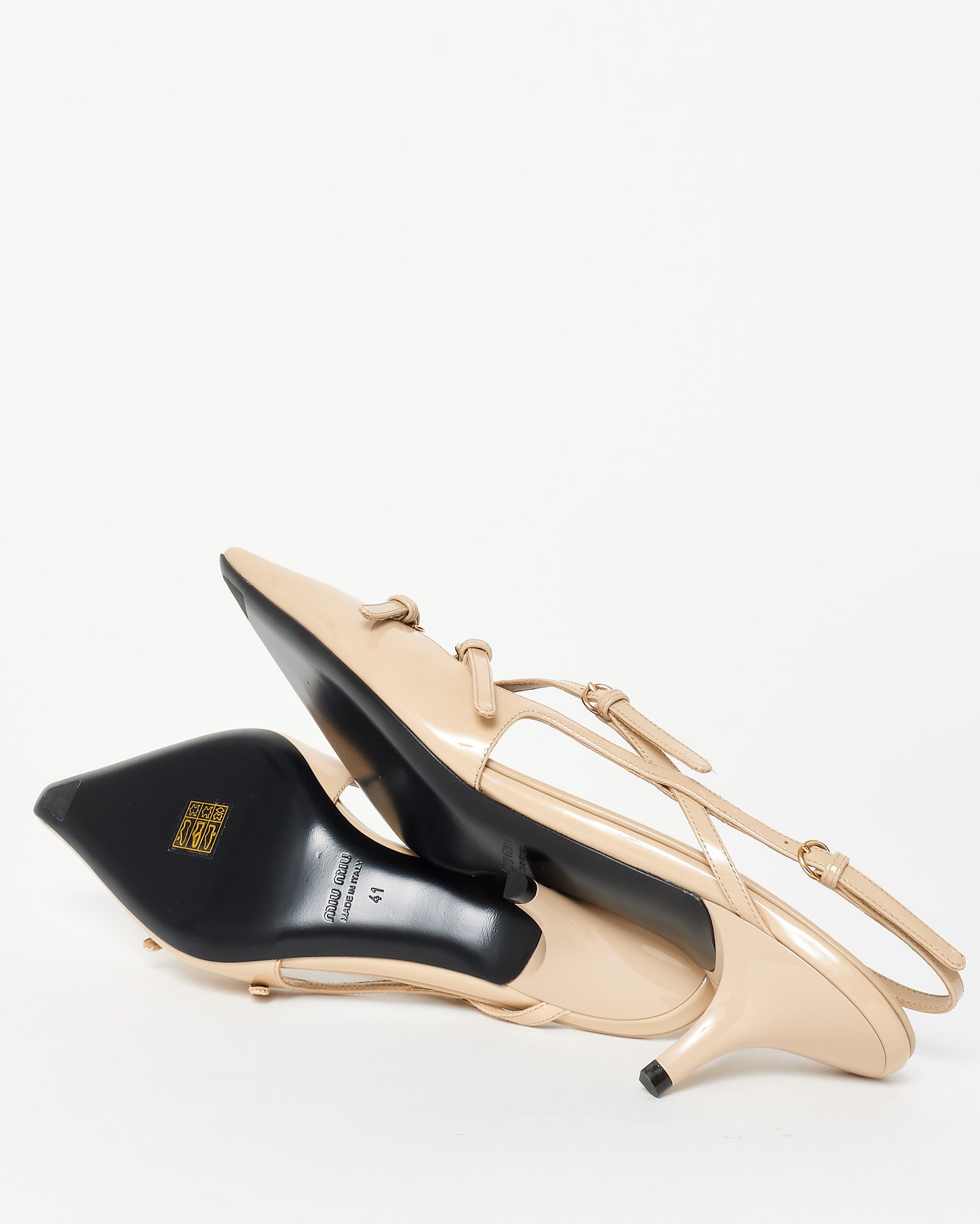 Miu Miu Beige Patent Leather Buckle Kitten Heel Slingback Pumps - 41