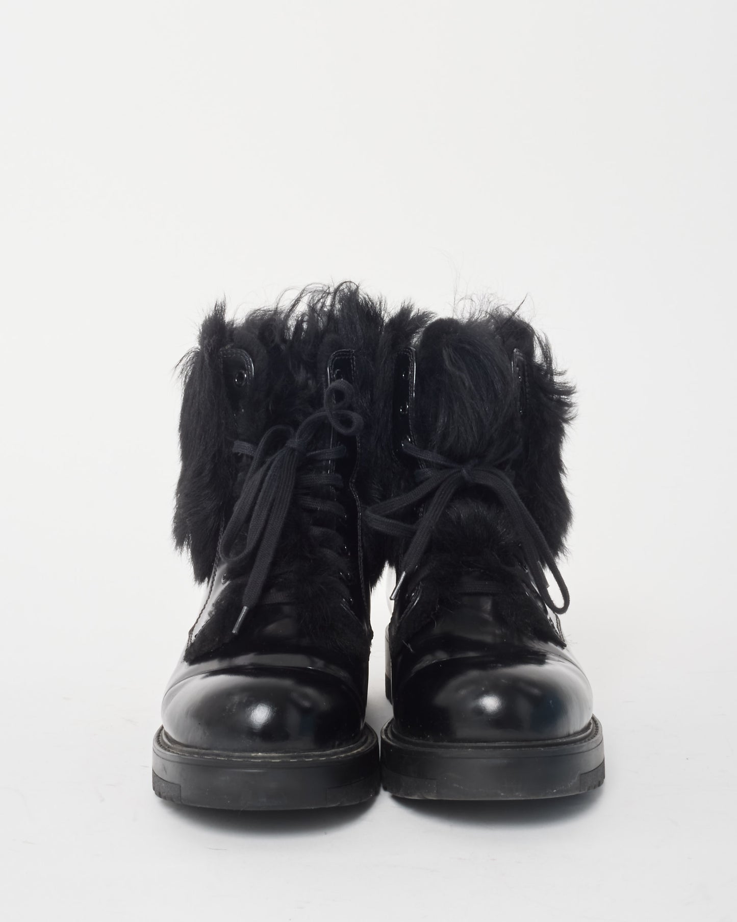 Prada Black Leather & Fur Combat Boots - 38