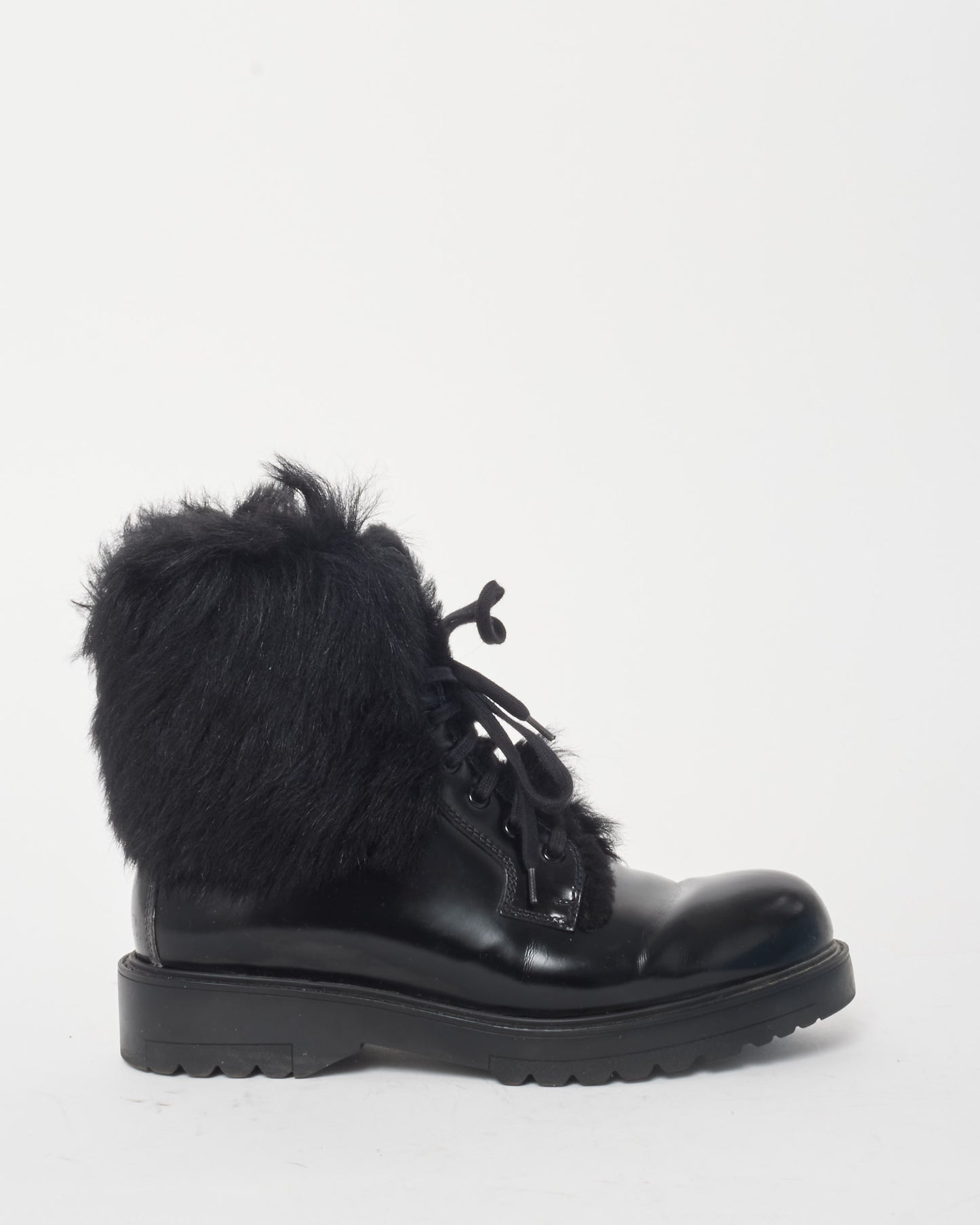 Prada Black Leather & Fur Combat Boots - 38