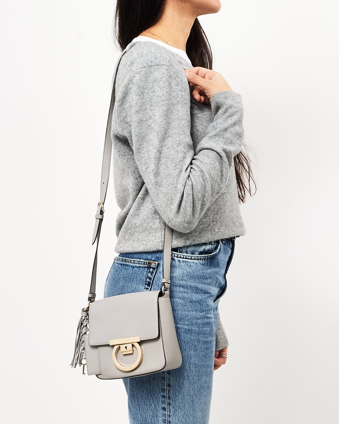 Salvatore Ferragamo Light Grey Mini Tassel Gancini Lock Flap Shoulder Bag