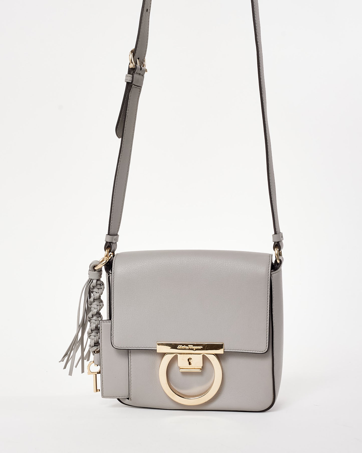 Salvatore Ferragamo Light Grey Mini Tassel Gancini Lock Flap Shoulder Bag