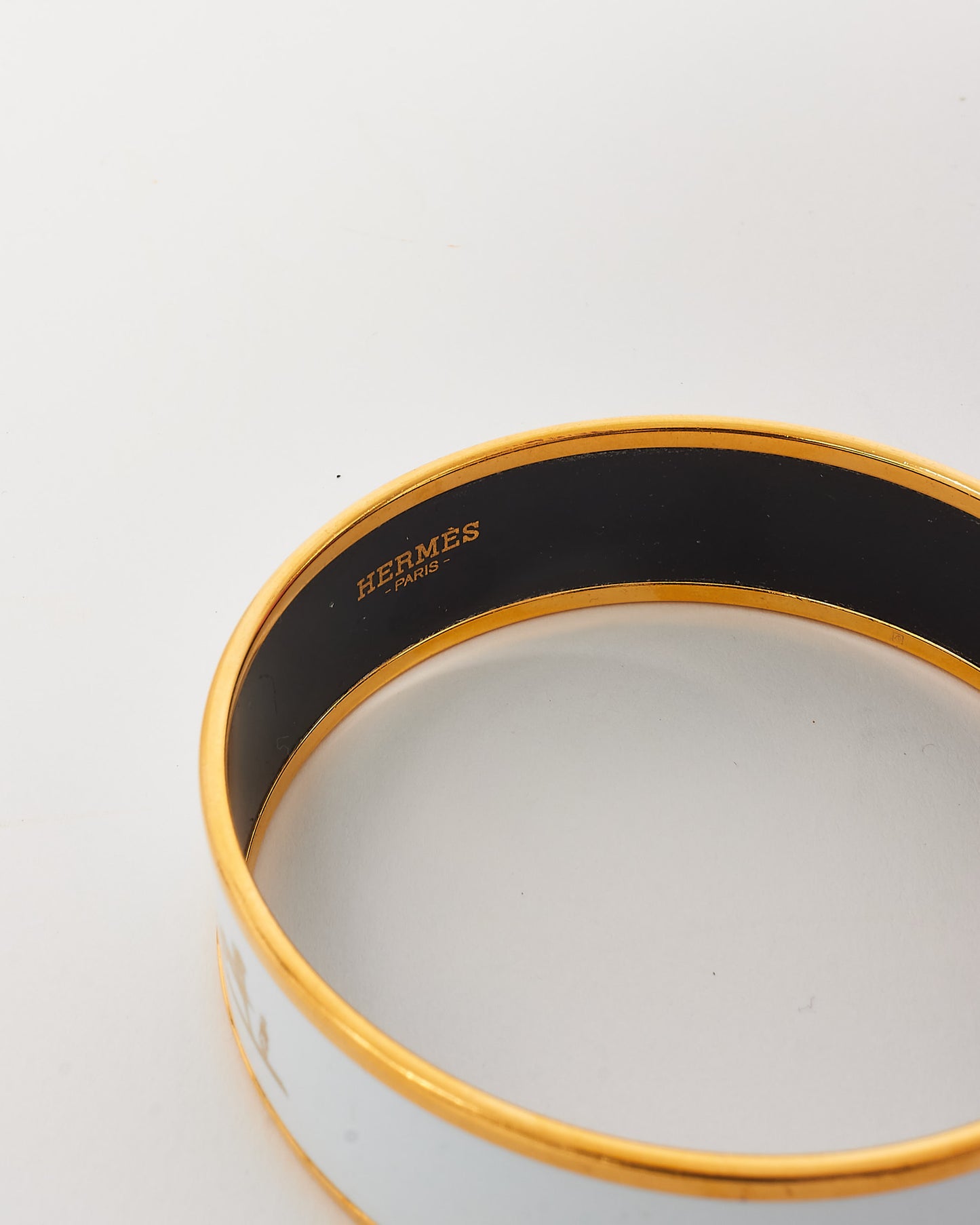 Hermès White and Gold Caleche Enamel Wide Bangle