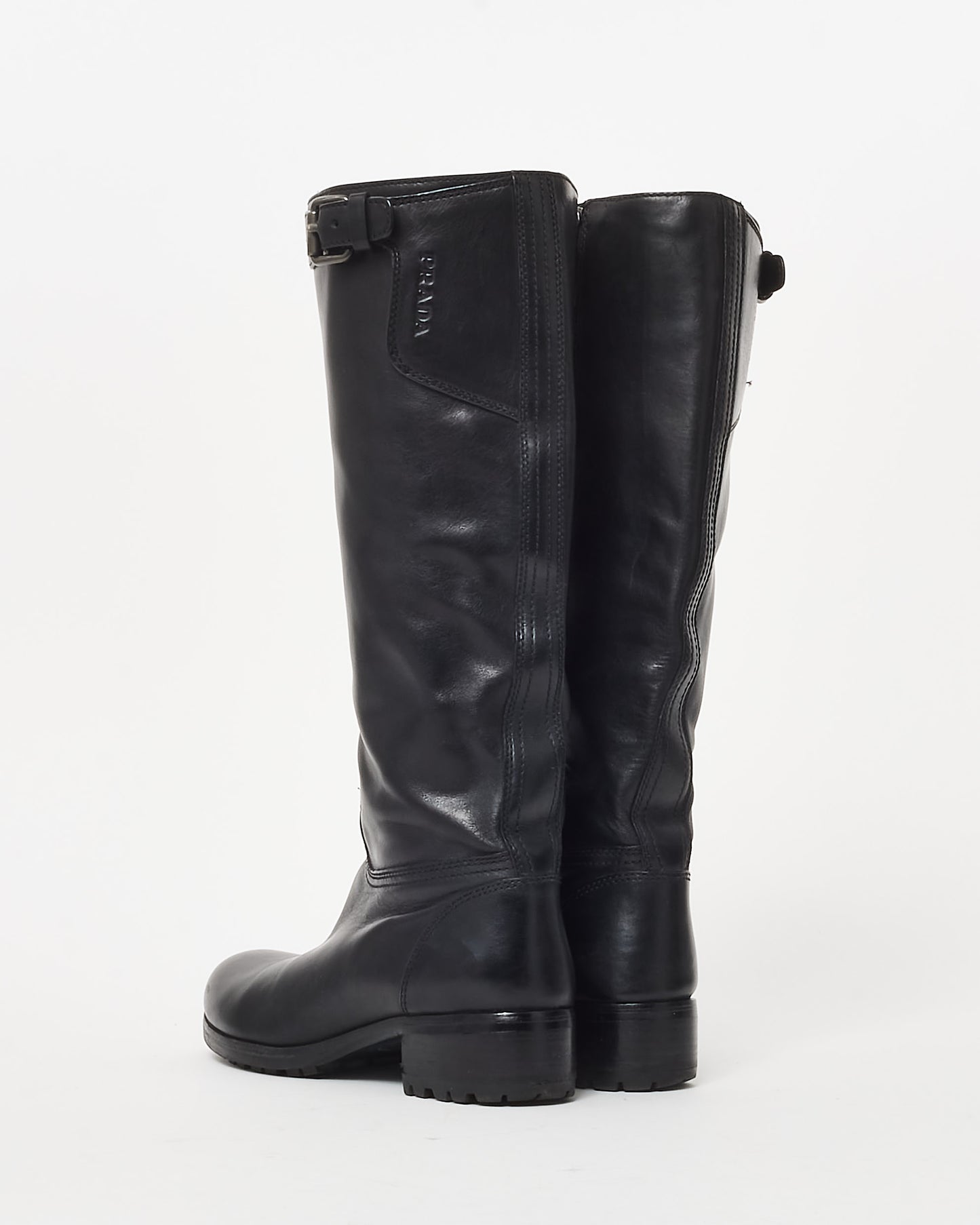 Prada Black Leather Buckle Zip Knee-High Boots - 36