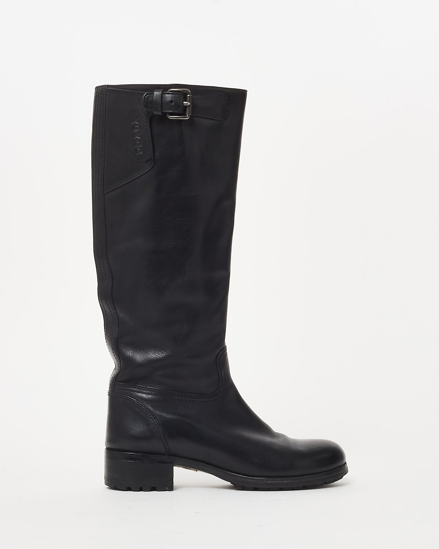 Prada Black Leather Buckle Zip Knee-High Boots - 36