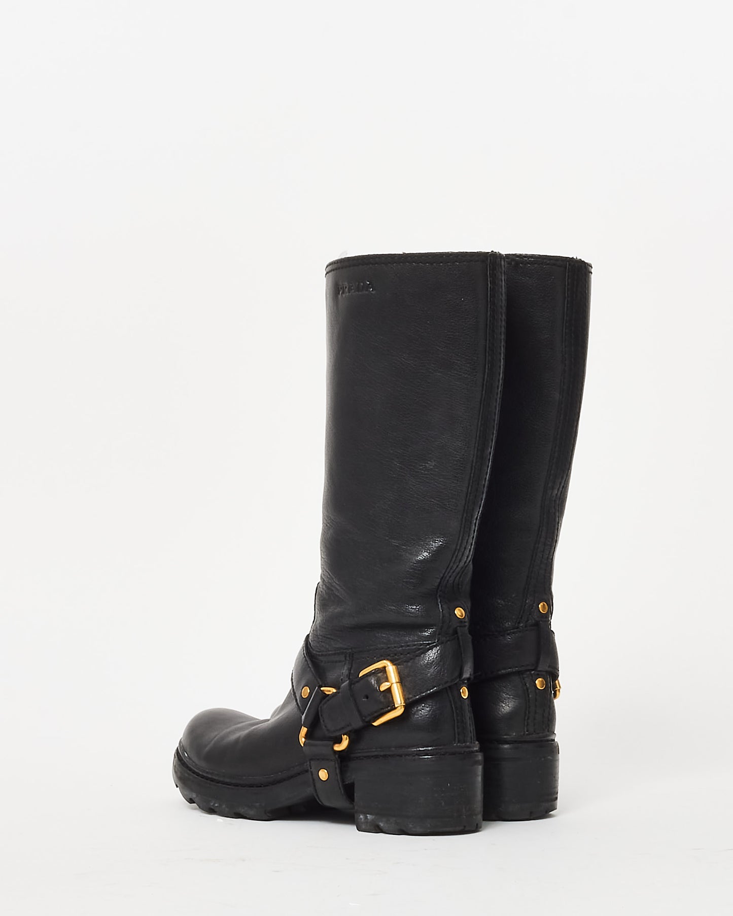 Prada Black Leather Moto Gold Buckle Knee-High Boots - 35.5