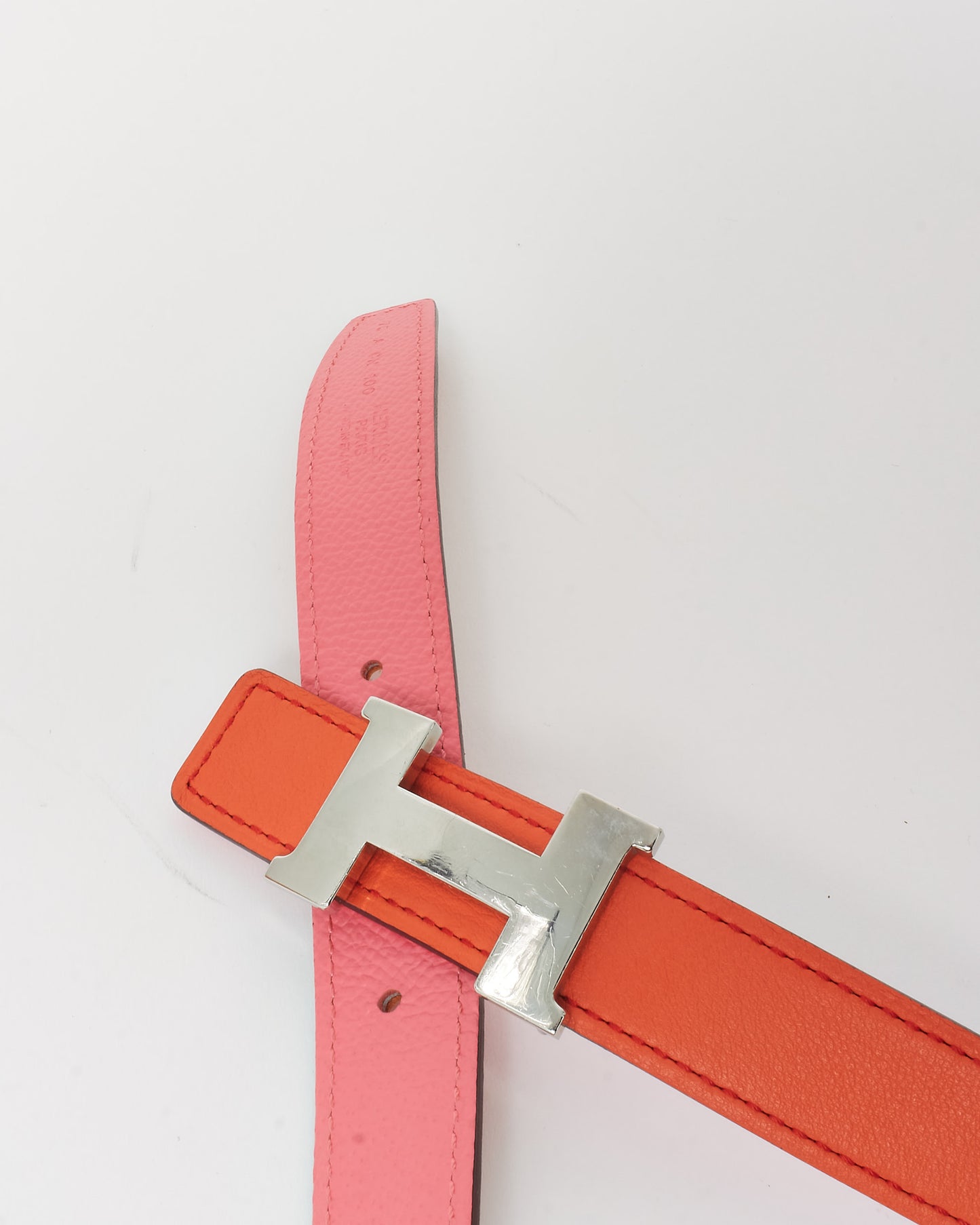 Hermès Pink/ Coral Reversible Leather SHW 32MM Constance Buckle Belt - 75