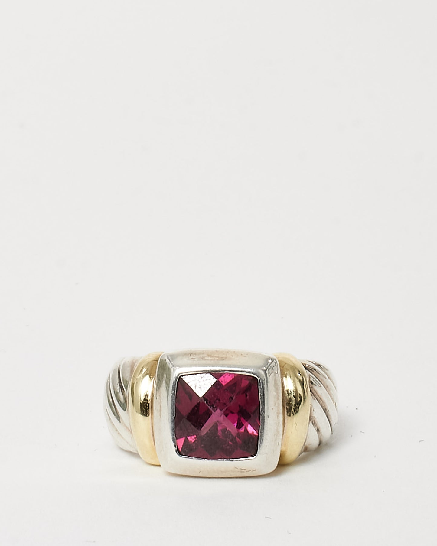 David Yurman Sterling Silver & 14K Gold Garnet Square Stone Cocktail Ring - 6