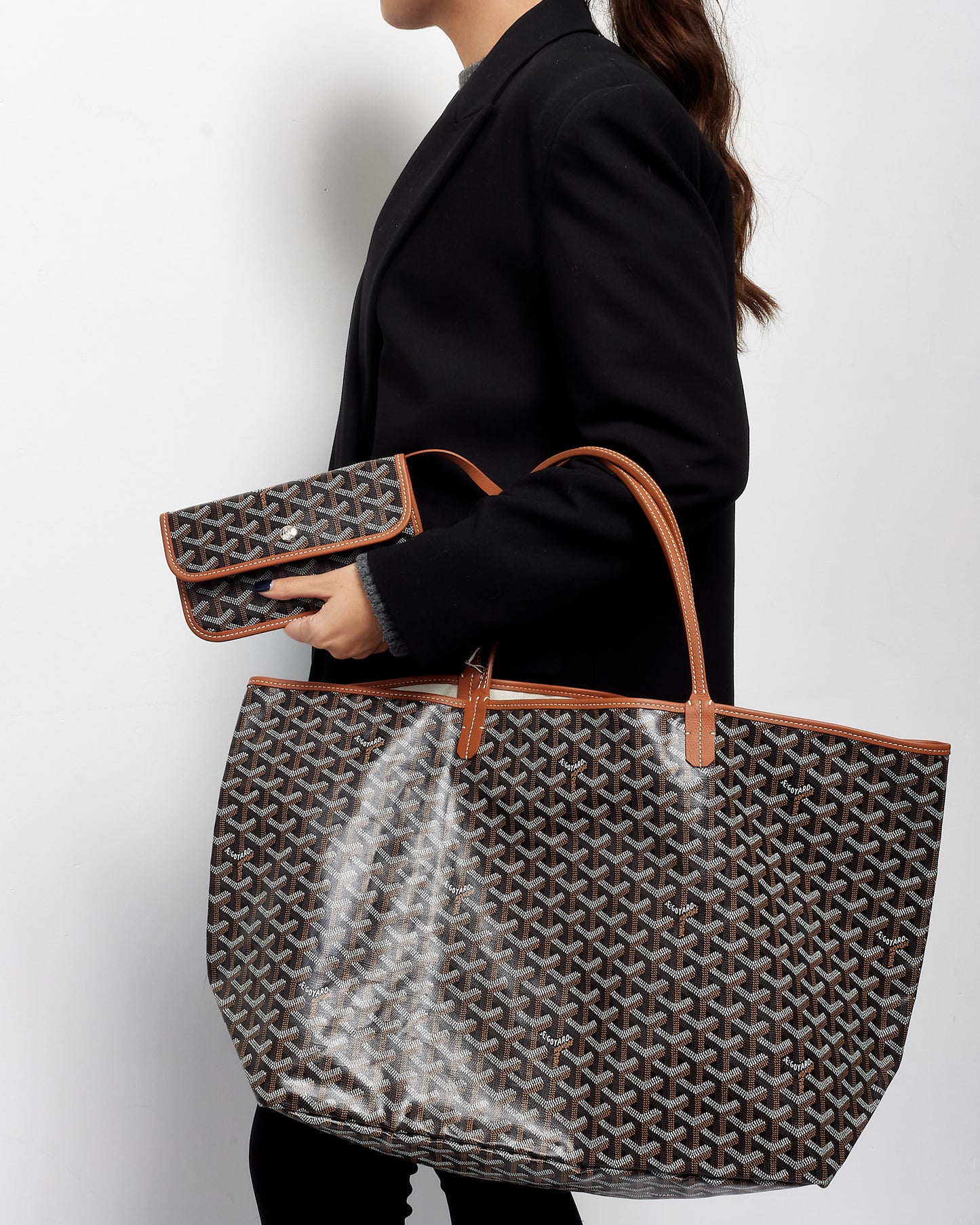 Goyard Black Brown & White Monogram Canvas St Louis GM Tote W Pouch