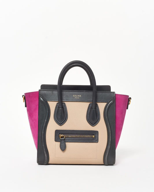 Celine Fuchsia Suede Black & Taupe Nano Luggage Tote WITH/ Out Strap