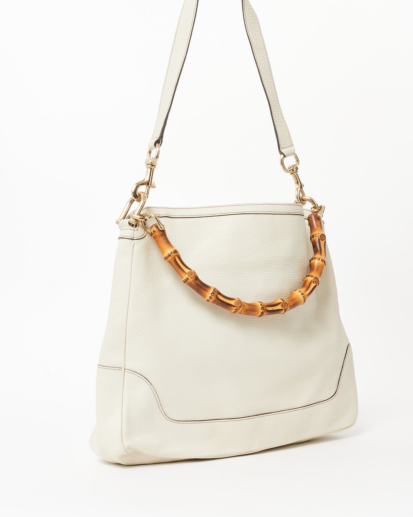 Gucci Cream Grained Leather Bamboo Handle Shoulder Bag