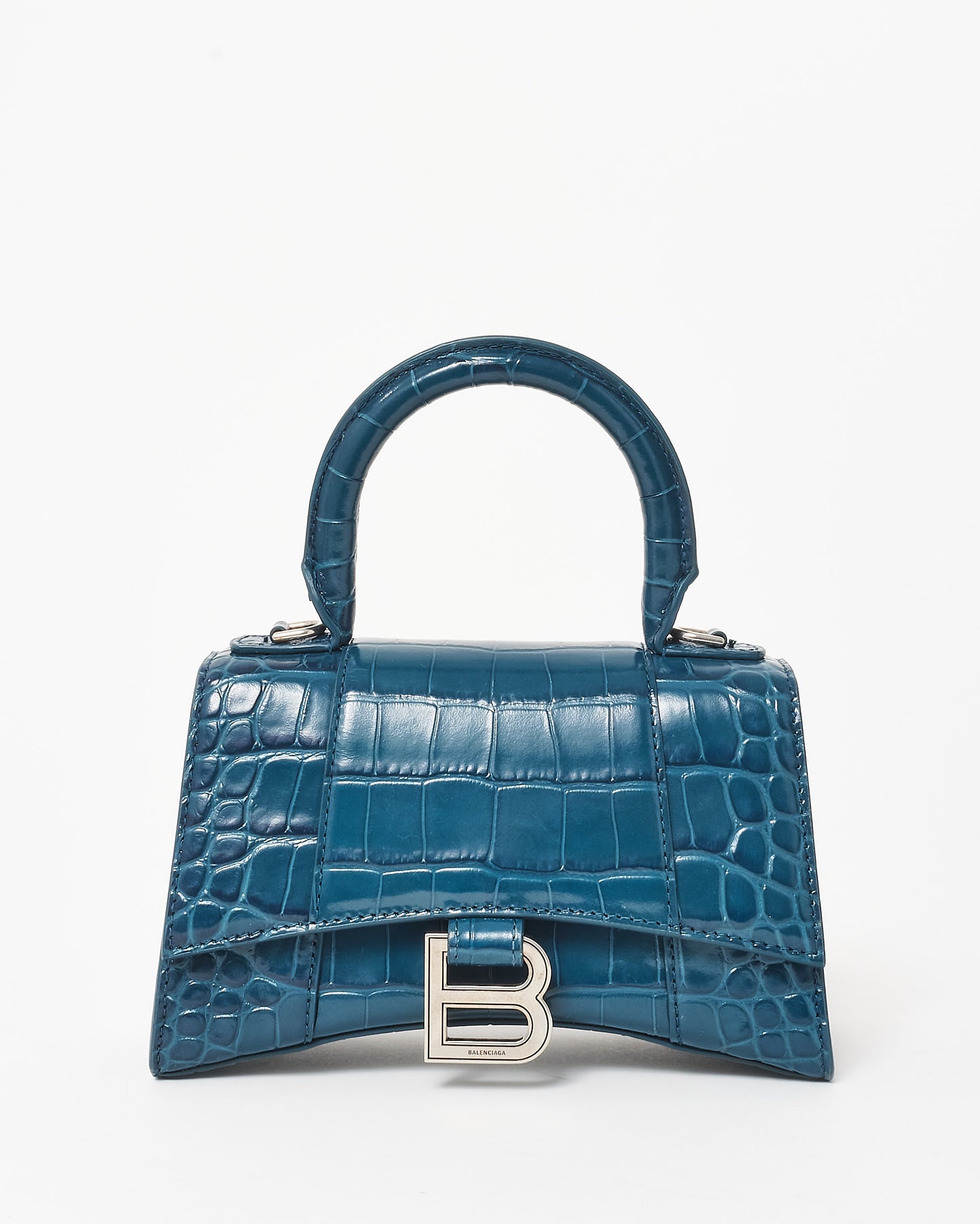 Balenciaga Teal Green Croc Embossed Hourglass XS Handbag