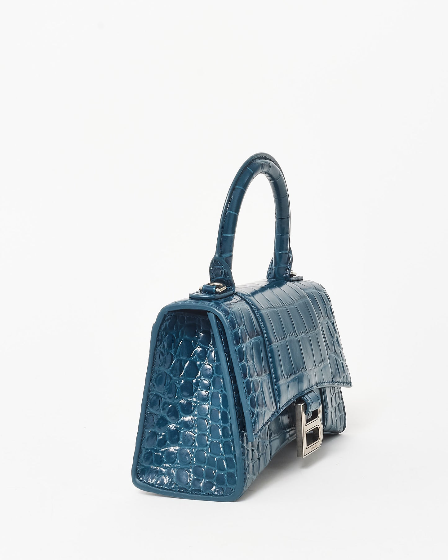 Balenciaga Teal Green Croc Embossed Hourglass XS Handbag