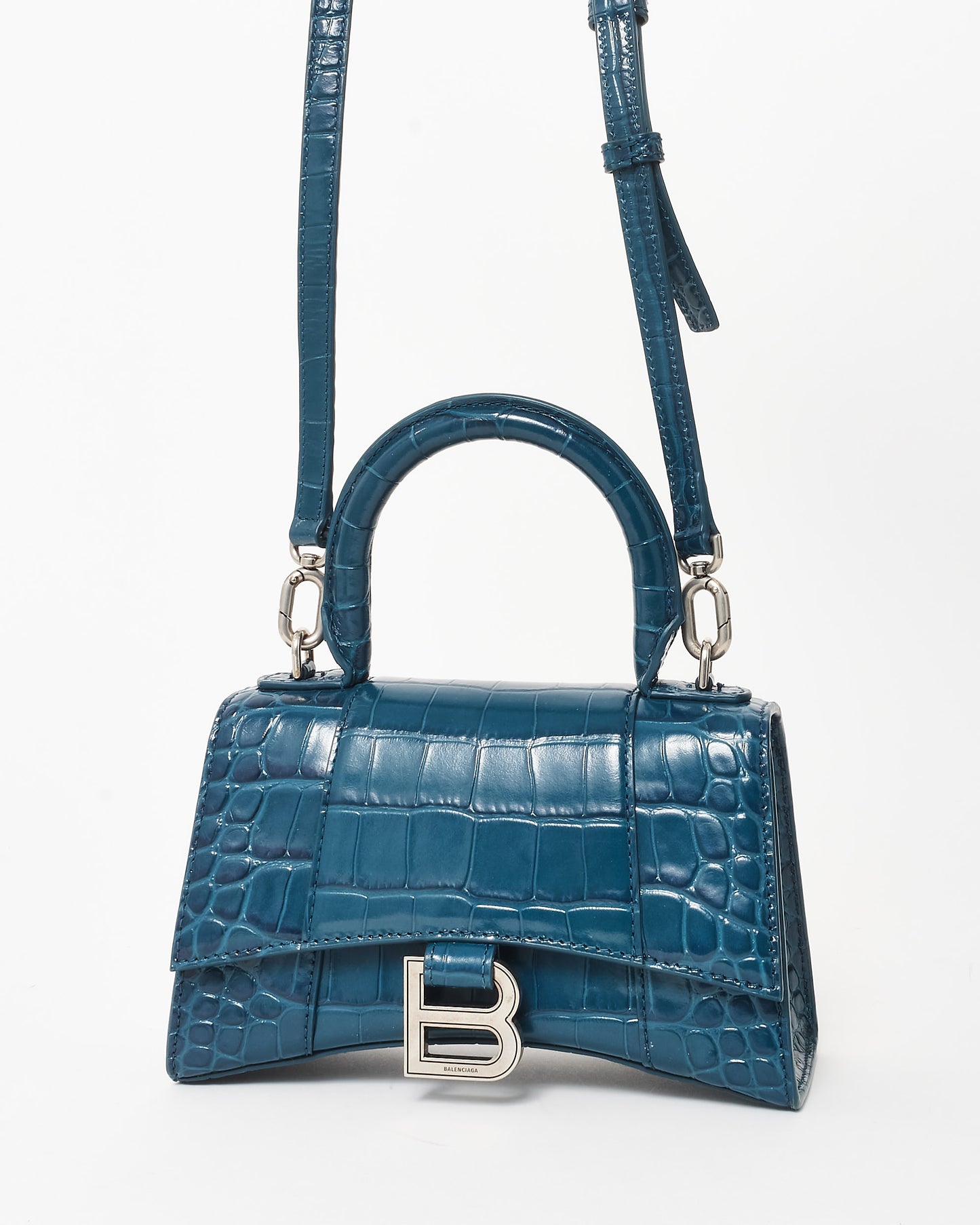 Balenciaga Teal Green Croc Embossed Hourglass XS Handbag