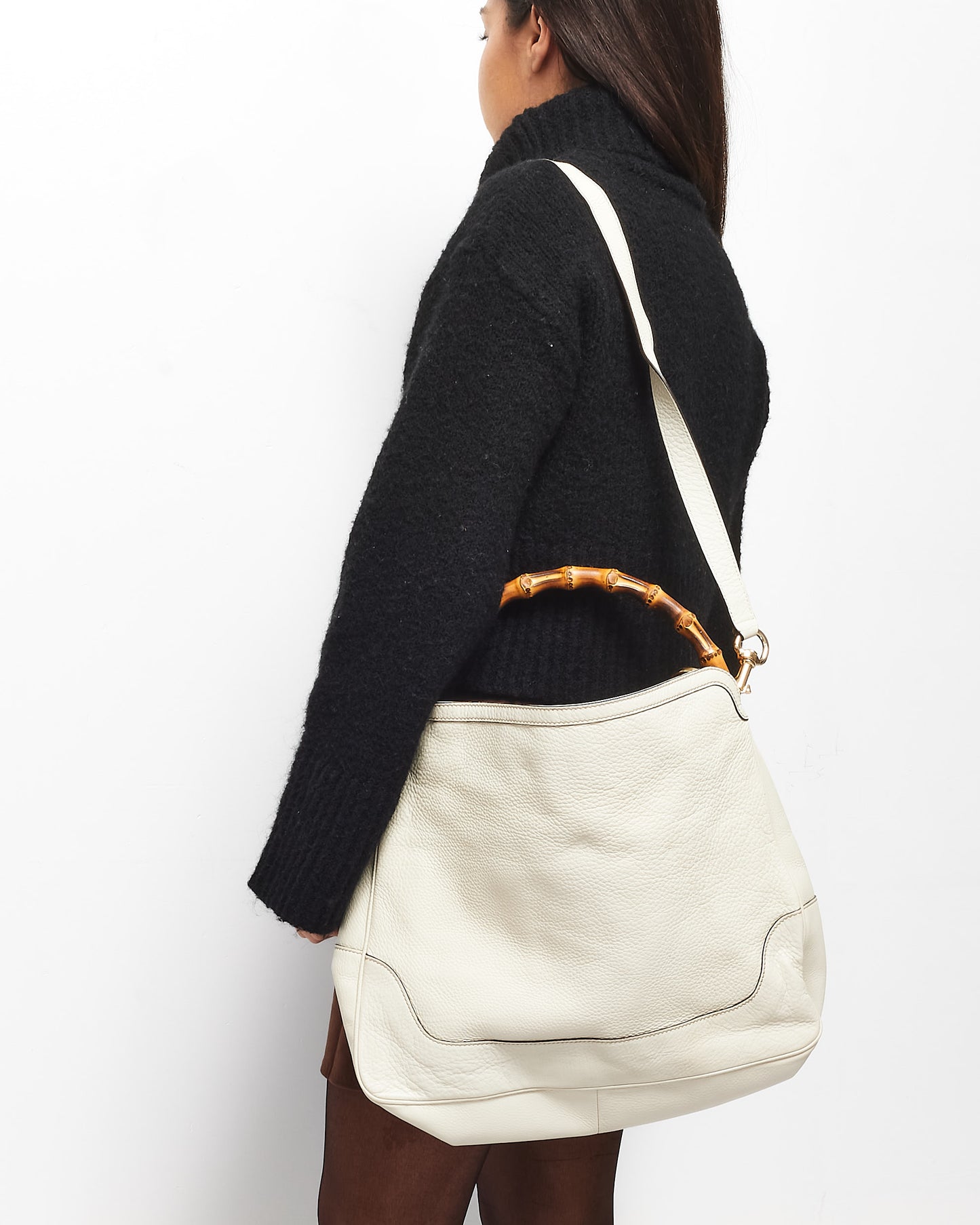 Gucci Cream Grained Leather Bamboo Handle Shoulder Bag