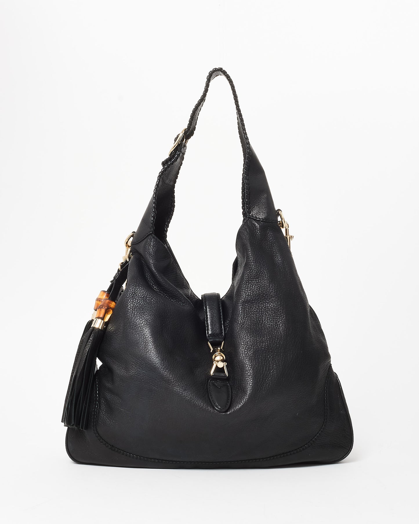 Gucci Black Leather Jackie Bamboo Hobo Tote W/Strap