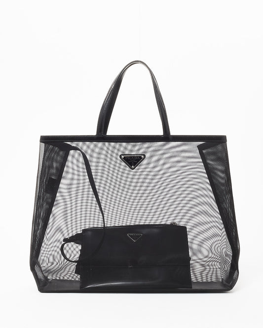 Prada Black Mesh & Leather Tote Bag W/ Pouch Insert