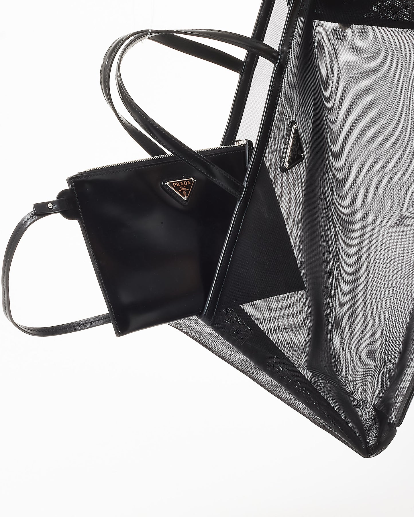 Prada Black Mesh & Leather Tote Bag W/ Pouch Insert