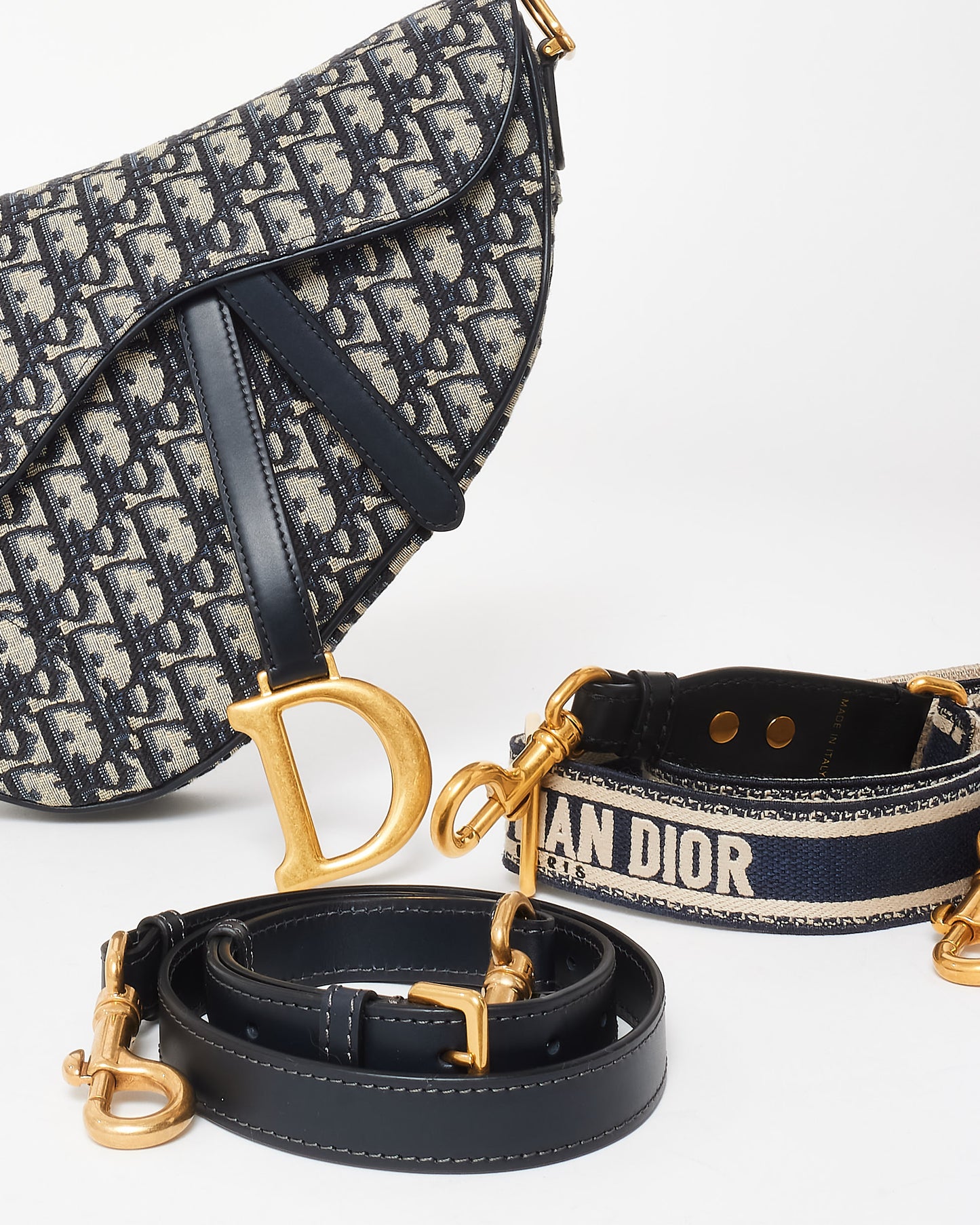 Dior Blue Oblique Canvas Saddle Bag W/ Adjustable Logo Strap & Leather Strap