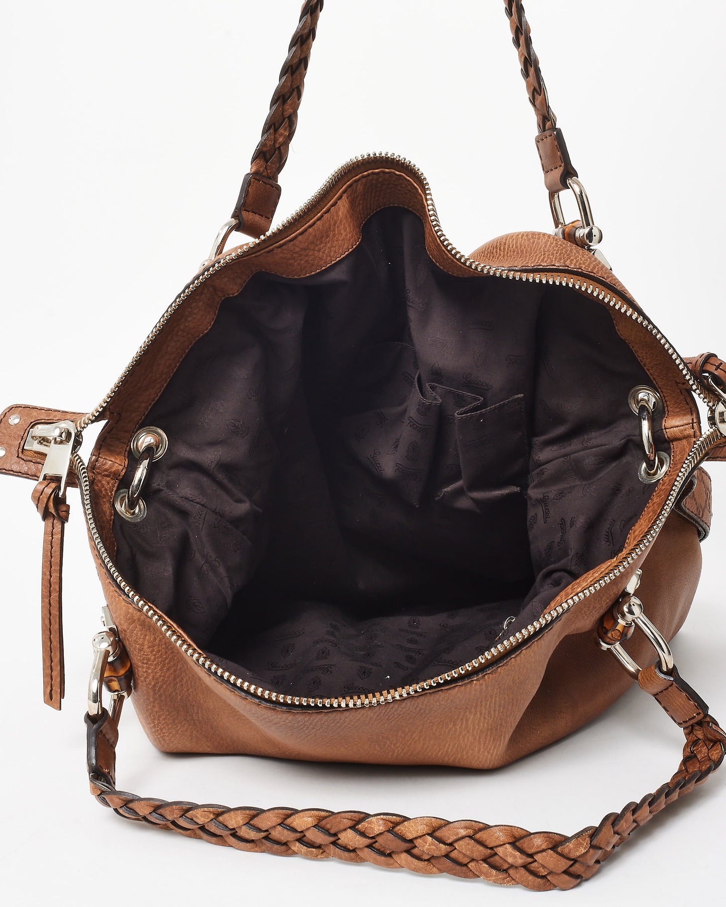 Gucci Vintage Brown Leather Braided Handle Guccissima Large Zip Hobo Bag