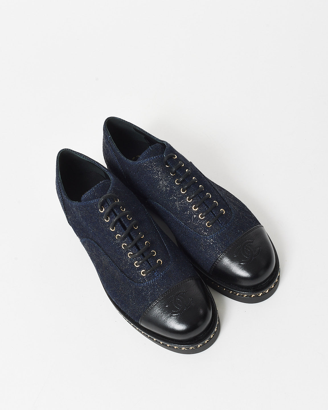 Chanel Blue Denim Leather Chain Cap Toe Oxford Loafers - 41