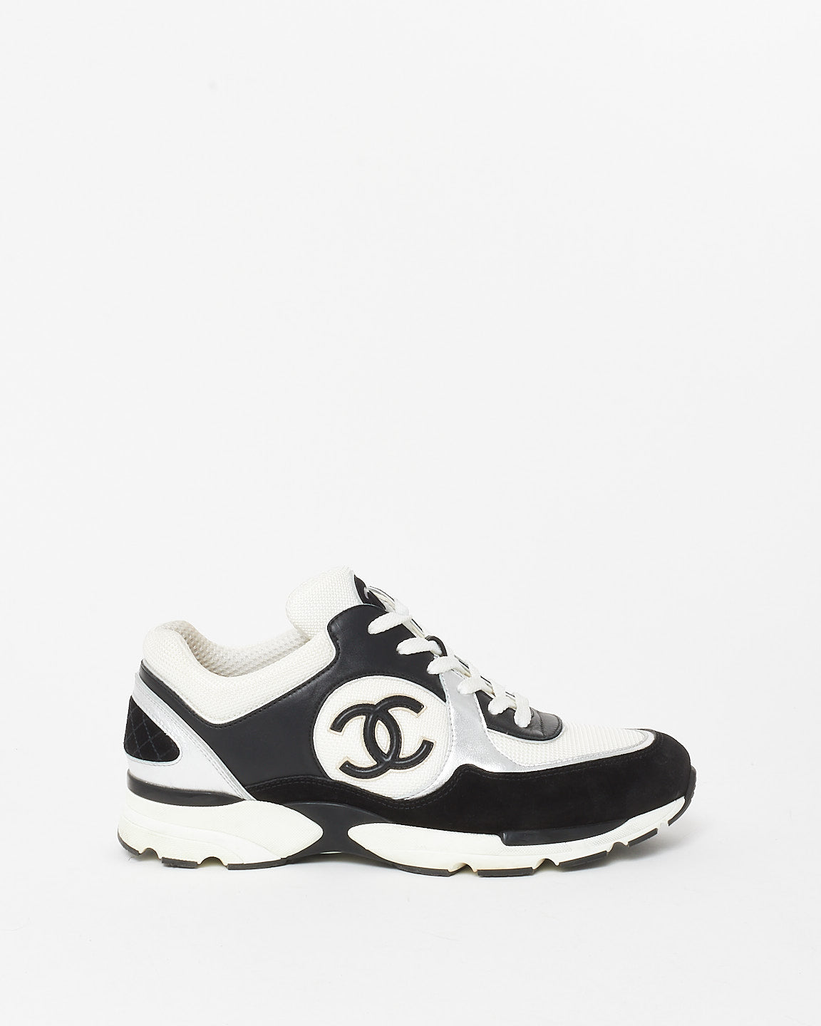 Chanel Black/White/Silver Fabric, Leather & Suede CC Logo Sneakers - 41