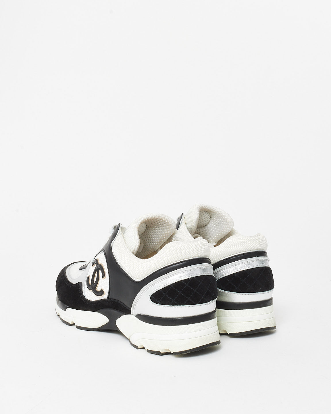 Chanel Black/White/Silver Fabric, Leather & Suede CC Logo Sneakers - 41