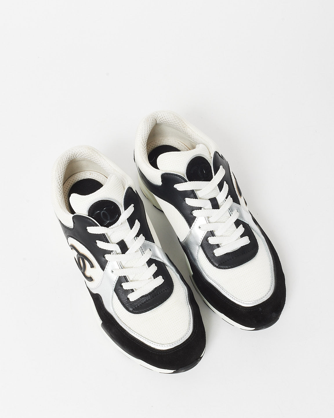 Chanel Black/White/Silver Fabric, Leather & Suede CC Logo Sneakers - 41